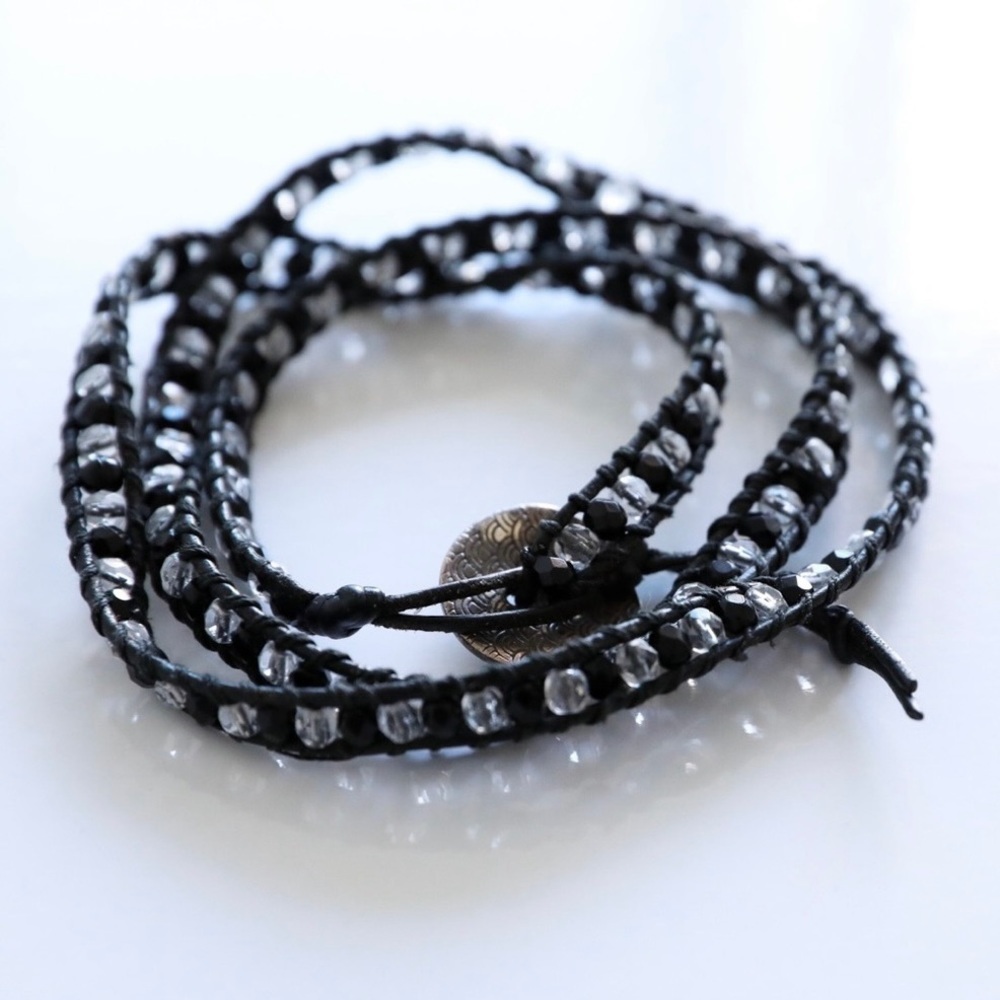 Boho wrap bracelet black twill glass crystal beads summer layering gipsy chic